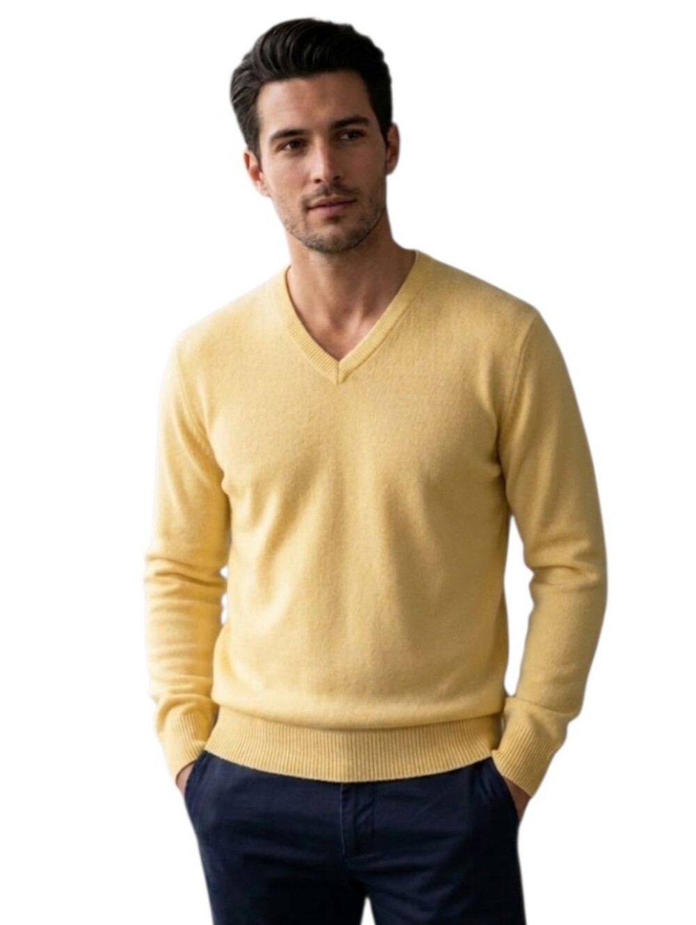 Shephe Men's V-Neck 100% Cashmere Sweater in Light Yellow Size Medium